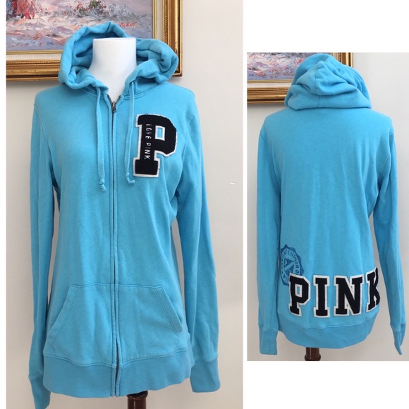 PINK Victoria's Secret Jackets & Blazers - ⚫️ pink] blue varsity letterman full zip up hoodie